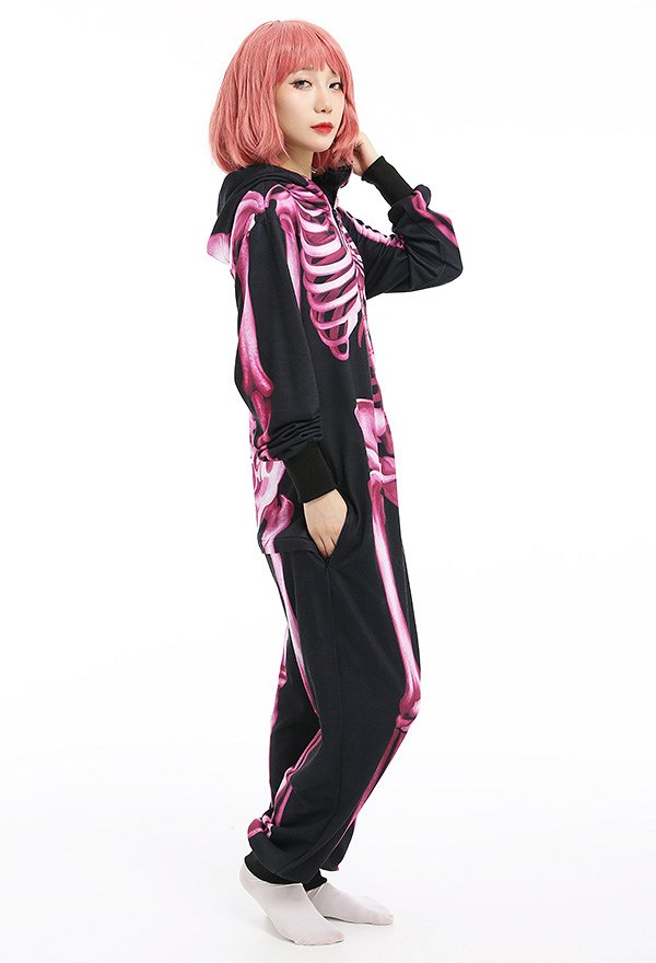 Women Halloween Pink Skull Digital Printing Homewear Kigurumi Onesie Pajama Hooded Loungewear Cosplay Costume Outfits