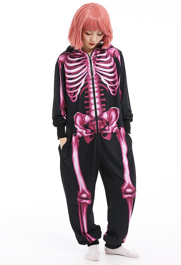 Women Halloween Pink Skull Digital Printing Homewear Kigurumi Onesie Pajama Hooded Loungewear Cosplay Costume Outfits