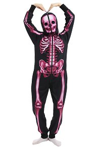 Women Halloween Pink Skull Digital Printing Homewear Kigurumi Onesie Pajama Hooded Loungewear Cosplay Costume Outfits