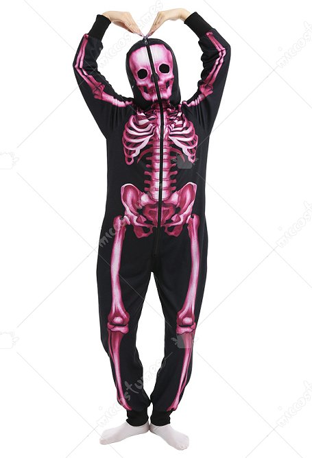 Combinaison Halloween Pyjama Une Pièce Vêtement de Nuit à Manches Longues Noir avec Impressions de Squelette Rose