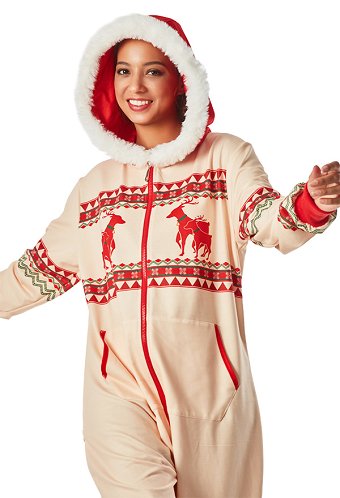 Christmas Women Cartoon Reindeer Pattern Print Onesie Pajamas Loungewear Adult Onesie Homewear Kigurumi Costume Outfits