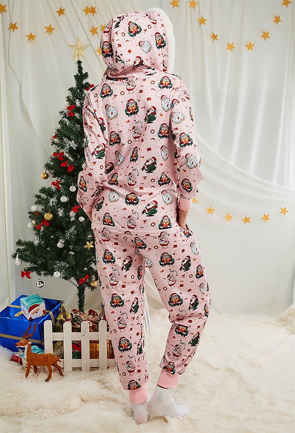 Christmas Women Cartoon Santa Claus Pattern Print Hooded Onesie Pajamas Loungewear Adult Onesie Homewear Kigurumi Polar Fleece Costume Outfits