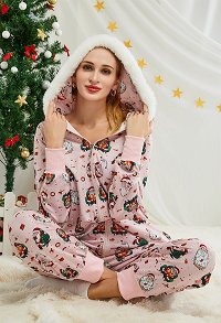 Weihnachtsmann Muster Onesie Homewear Kigurumi Weihnachten Overall mit Kapuzen Pyjamas Jumpsuit Cosplay Kostüm