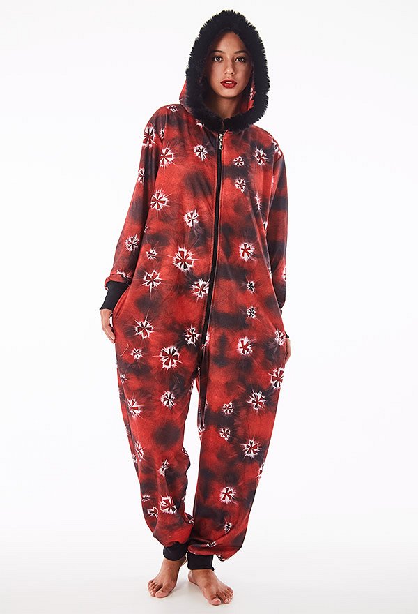Women Christmas Red and Black Tie-dye Printed Onesie Pajama Loungewear Adult Onesie Homewear Kigurumi Costume Outfits