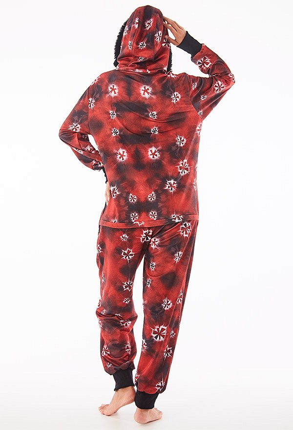 Women Christmas Red and Black Tie-dye Printed Onesie Pajama Loungewear Adult Onesie Homewear Kigurumi Costume Outfits