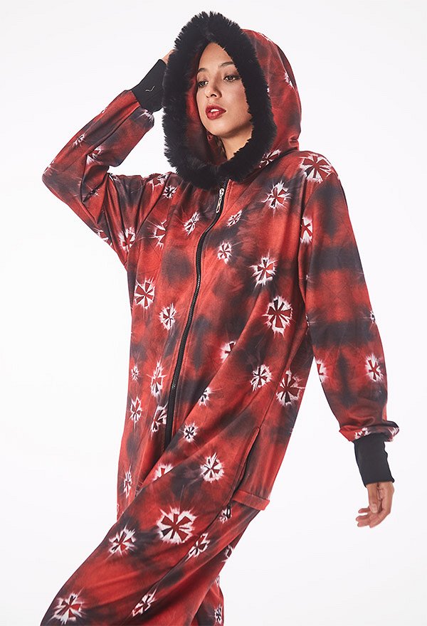 Women Christmas Red and Black Tie-dye Printed Onesie Pajama Loungewear Adult Onesie Homewear Kigurumi Costume Outfits