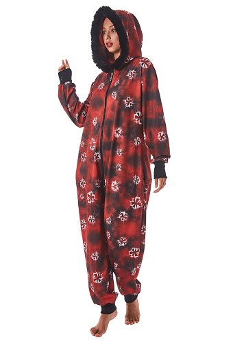 Women Christmas Red and Black Tie-dye Printed Onesie Pajama Loungewear Adult Onesie Homewear Kigurumi Costume Outfits