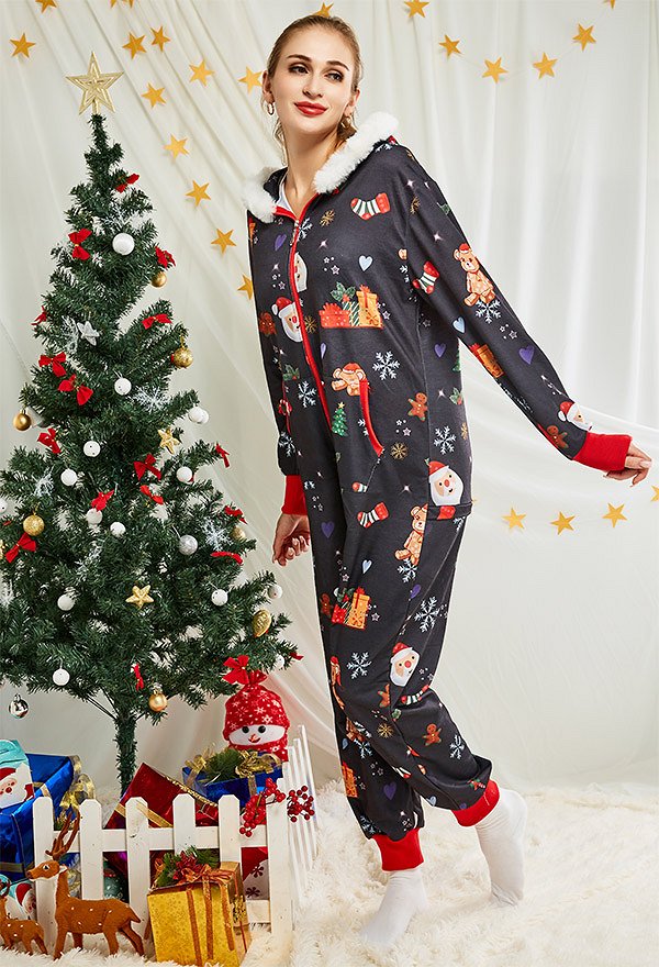 Women Christmas Cartoon Pattern Printed Onesie Pajama Loungewear Adult Onesie Homewear Kigurumi Costume Outfits