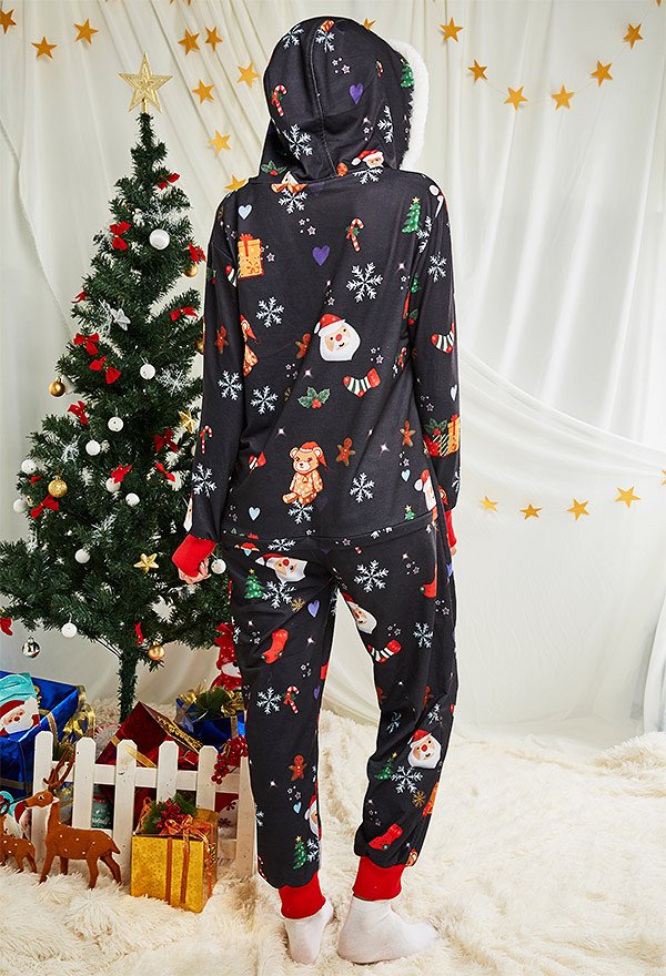 Women Christmas Cartoon Pattern Printed Onesie Pajama Loungewear Adult Onesie Homewear Kigurumi Costume Outfits