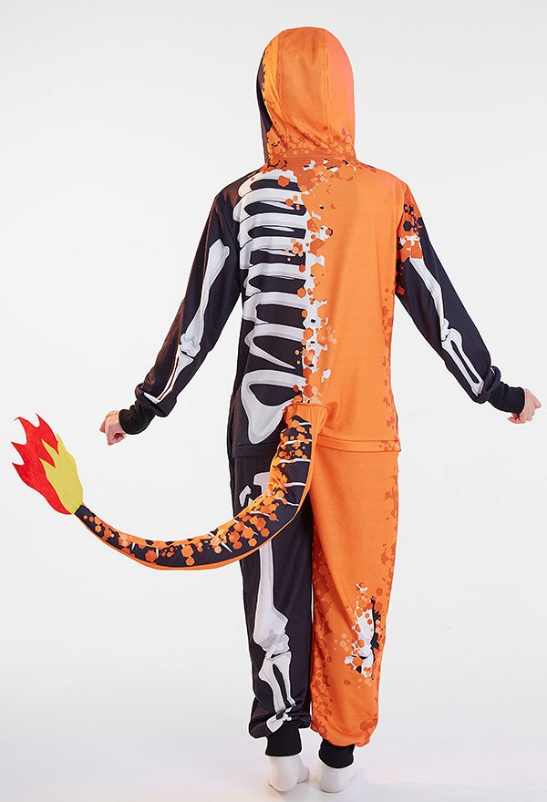 Halloween Mujer Mameluco Pijama Ropa de Estar por Casa Mitad Esqueleto Mitad Llama Patrón de Dragón Estampados Adulto con Capucha Ropa de Hogar Kigurumi Ropa de Dormir