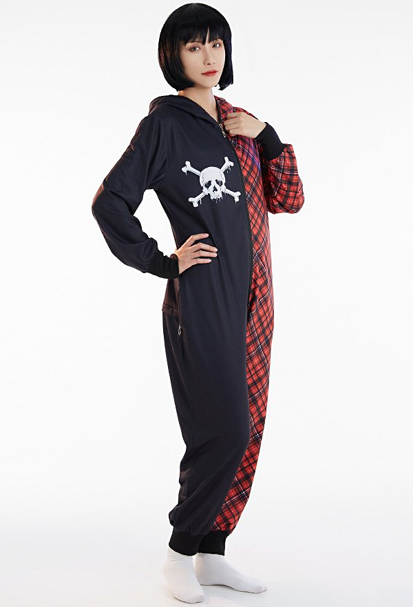 Combinaison Pyjama Halloween Motif Paid Rouge Squelette Une Pièce Vêtement de Nuit Manches Longues