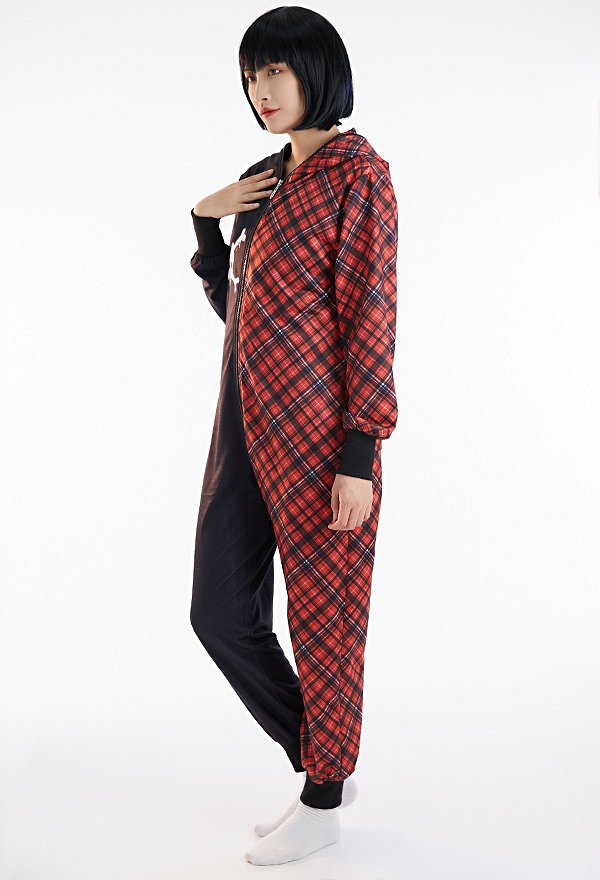 Combinaison Pyjama Halloween Motif Paid Rouge Squelette Une Pièce Vêtement de Nuit Manches Longues