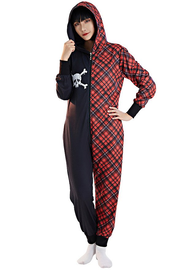 Combinaison Pyjama Halloween Motif Paid Rouge Squelette Une Pièce Vêtement de Nuit Manches Longues