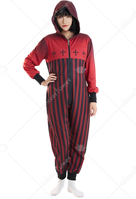Combinaison Pyjama Halloween Motif Rayure Rouge Noir Une Pièce Vêtement de Nuit Manches Longues