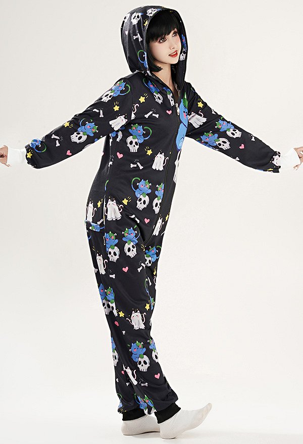 Gothic Women Onesie Pajama Cat Skull Print Loungewear Adult Hooded Homewear Kigurumi Sleepwear