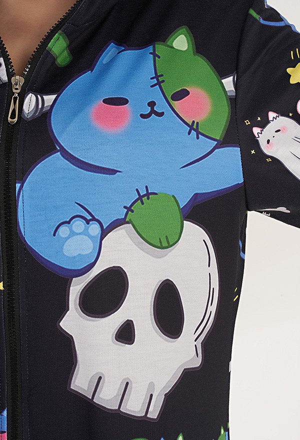 Gothic Women Onesie Pajama Cat Skull Print Loungewear Adult Hooded Homewear Kigurumi Sleepwear