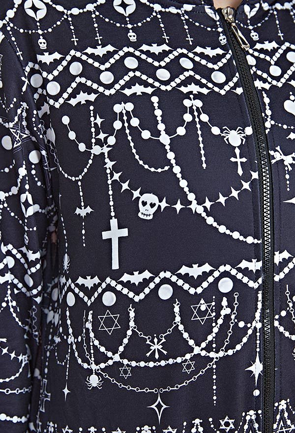 Women Gothic Style Halloween Onesie Pajama Loungewear Skull and Pearl Chain Pattern Adult Onesie Hooded Homewear Kigurumi