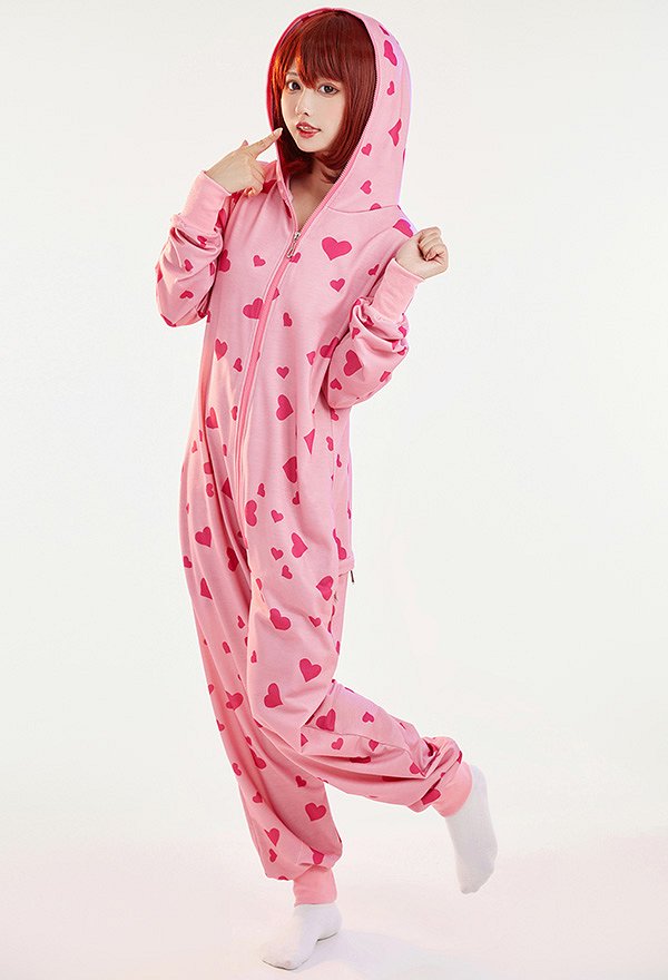 Women Onesie Pajama Pink Heart Print Loungewear Adult Hooded Homewear Kigurumi Sleepwear