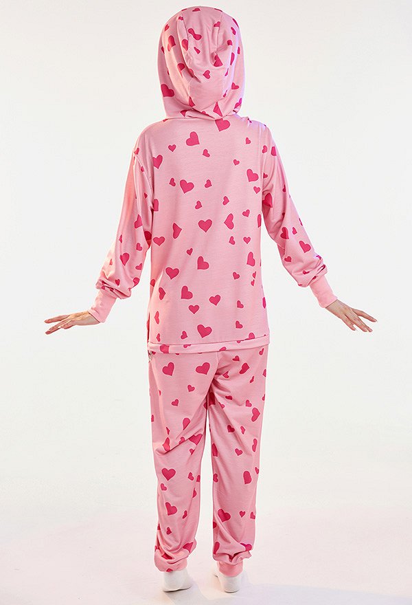 Women Onesie Pajama Pink Heart Print Loungewear Adult Hooded Homewear Kigurumi Sleepwear