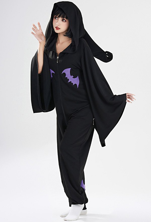 Women Halloween Witch Style Onesie Pajama Loungewear Bat Pattern Adult Onesie Hooded Homewear Kigurumi