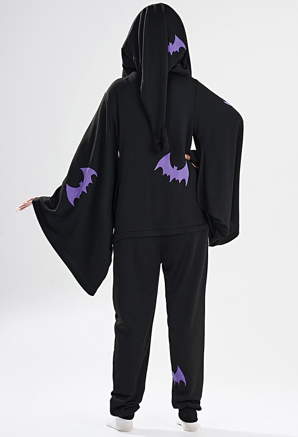 Women Halloween Witch Style Onesie Pajama Loungewear Bat Pattern Adult Onesie Hooded Homewear Kigurumi
