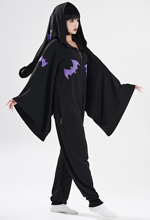 Women Halloween Witch Style Onesie Pajama Loungewear Bat Pattern Adult Onesie Hooded Homewear Kigurumi