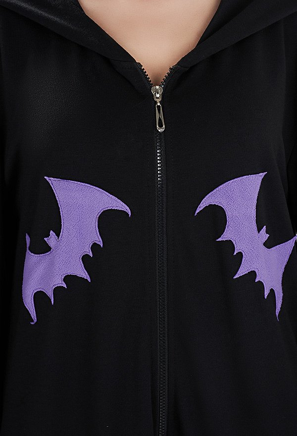 Women Halloween Witch Style Onesie Pajama Loungewear Bat Pattern Adult Onesie Hooded Homewear Kigurumi
