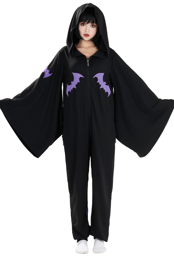 Women Halloween Witch Style Onesie Pajama Loungewear Bat Pattern Adult Onesie Hooded Homewear Kigurumi