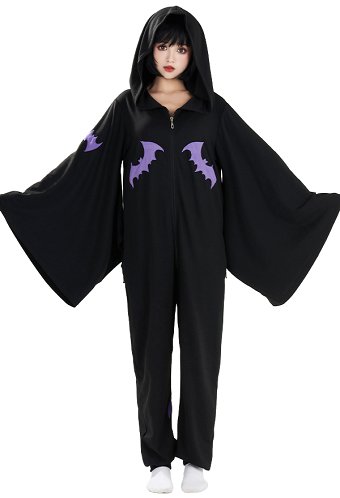 Women Halloween Witch Style Onesie Pajama Loungewear Bat Pattern Adult Onesie Hooded Homewear Kigurumi