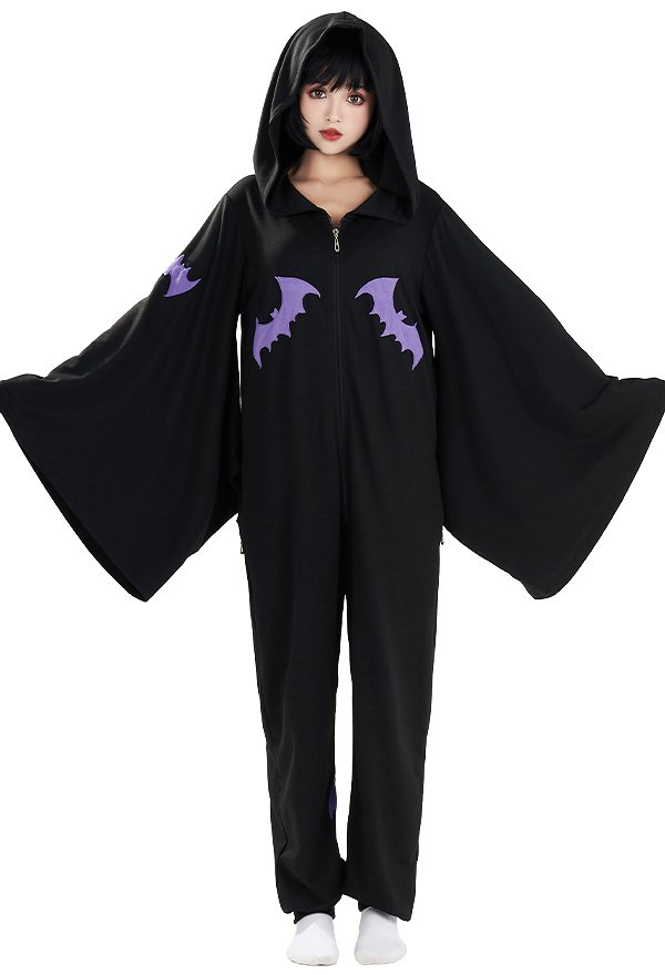 Women Halloween Witch Style Onesie Pajama Loungewear Bat Pattern Adult Onesie Hooded Homewear Kigurumi