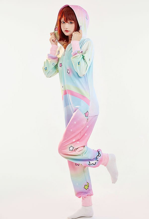 Women Onesie Pajama Rainbow Star Print Loungewear Adult Hooded Homewear Kigurumi Sleepwear