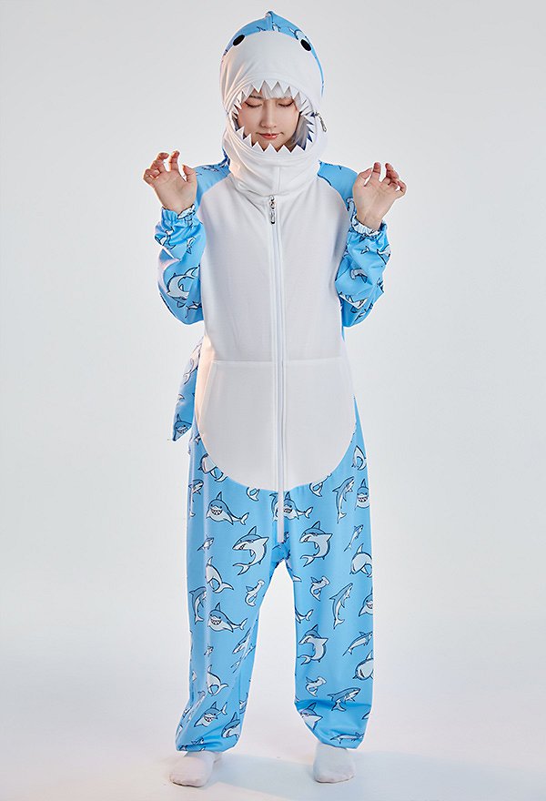 Women Onesie Pajama Shark Print Loungewear Adult Hooded Homewear Kigurumi Sleepwear
