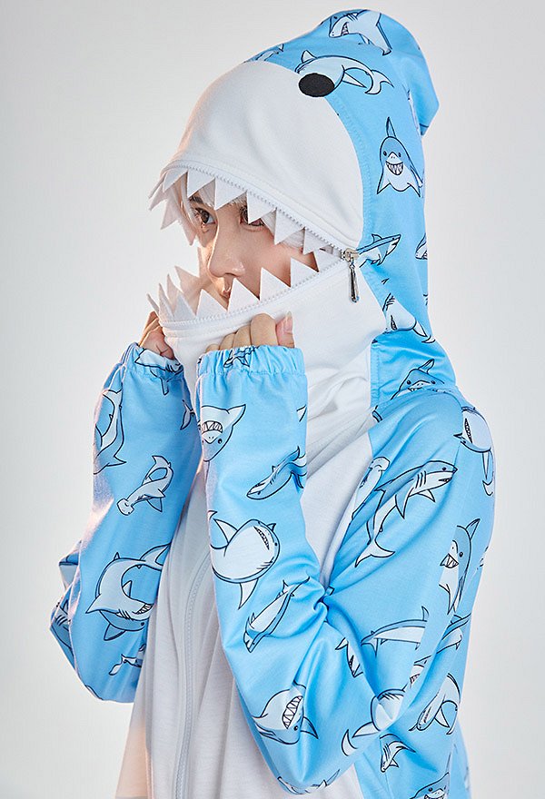 Women Onesie Pajama Shark Print Loungewear Adult Hooded Homewear Kigurumi Sleepwear