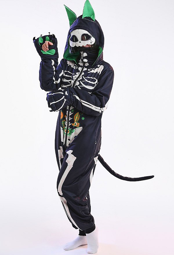 Halloween Black Green Skeleton Cat Hooded Onesie Pajamas Loungewear Adults Onesie Homewear Kigurumi Sleepwear