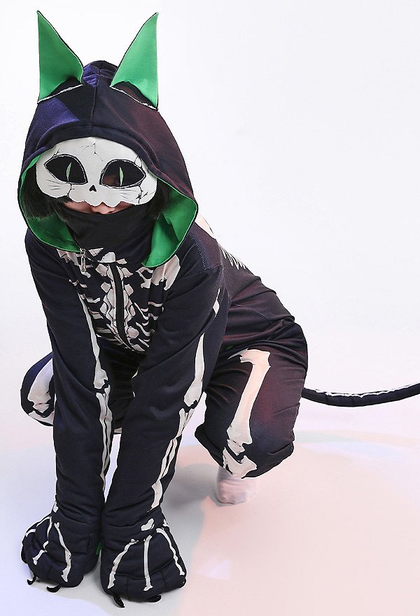 Halloween Black Green Skeleton Cat Hooded Onesie Pajamas Loungewear Adults Onesie Homewear Kigurumi Sleepwear