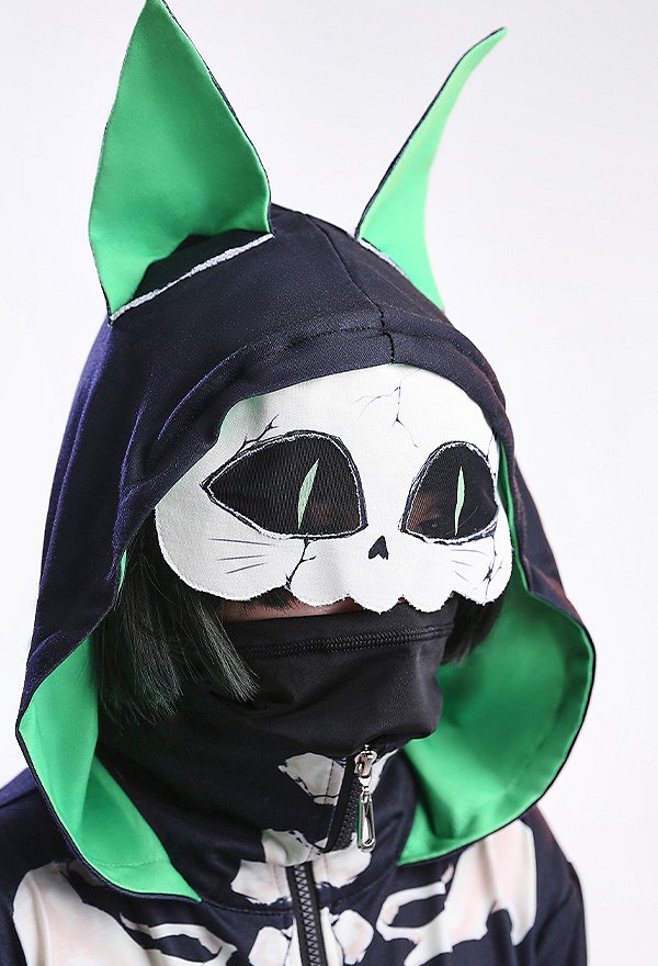 Halloween Black Green Skeleton Cat Hooded Onesie Pajamas Loungewear Adults Onesie Homewear Kigurumi Sleepwear