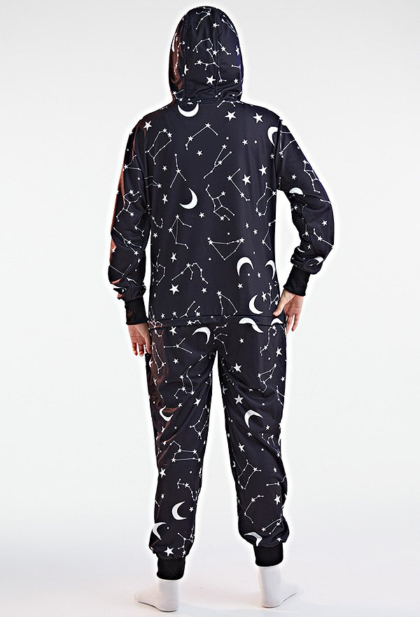 Women Gothic Onesie Pajama Star Moon Constellation Print Loungewear Adult Hooded Homewear Kigurumi Sleepwear