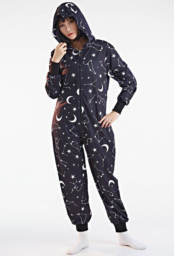 Women Gothic Onesie Pajama Star Moon Constellation Print Loungewear Adult Hooded Homewear Kigurumi Sleepwear