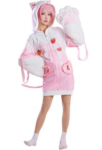 Damen Niedliche Rosa Erdbeermilch Loungewear mit Kapuze und Abnehmbaren Pelzigen Pfoten Handschuhen