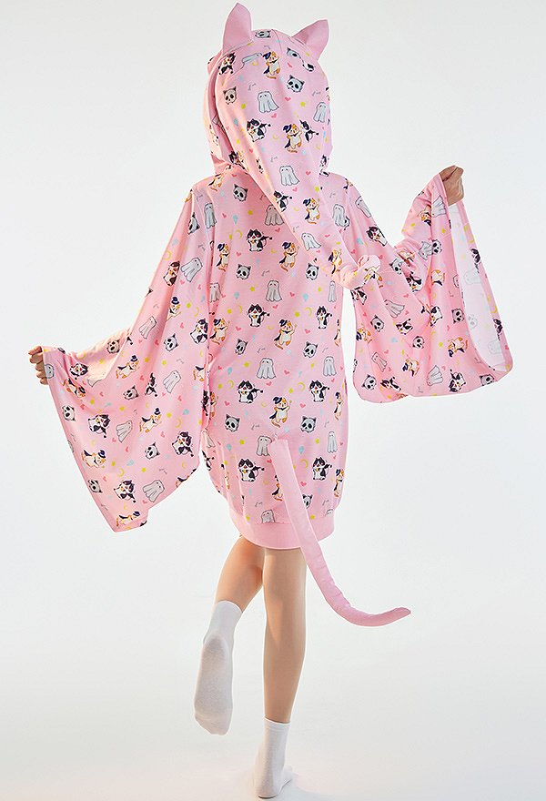 Halloween Women Short Sleep Dress Kawaii Witch Style Cat Pattern Loungewear Adult Onesie Hooded Homewear Kigurumi Sleepwear