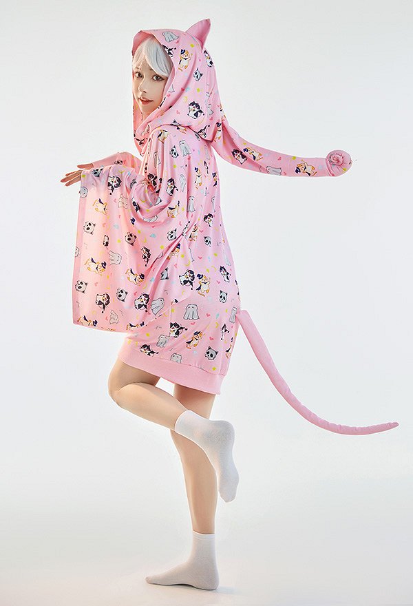 Halloween Women Short Sleep Dress Kawaii Witch Style Cat Pattern Loungewear Adult Onesie Hooded Homewear Kigurumi Sleepwear