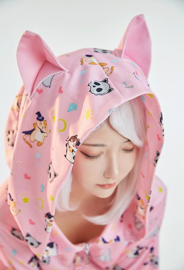 Halloween Women Short Sleep Dress Kawaii Witch Style Cat Pattern Loungewear Adult Onesie Hooded Homewear Kigurumi Sleepwear