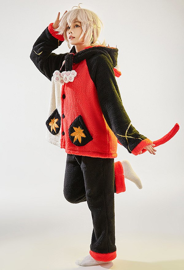 Kaedehara Kazuha Derivative Two-Piece Pajama with Tail Fleece Cozy Warm Long Sleeve Top and Pants Loungewear