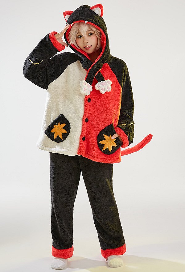Kaedehara Kazuha Derivative Two-Piece Pajama with Tail Fleece Cozy Warm Long Sleeve Top and Pants Loungewear