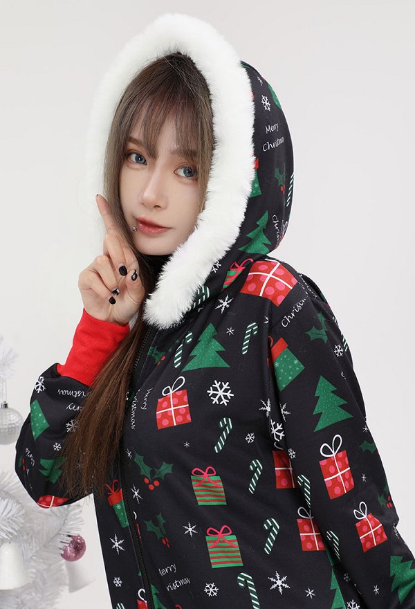Women Adult Christmas Tree Gift Box Pattern Onesie Pajamas Kigurumi Long Sleeves Hooded Loungewear Costume