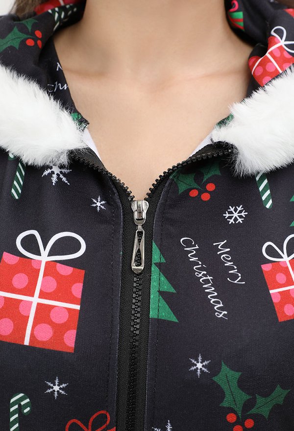 Women Adult Christmas Tree Gift Box Pattern Onesie Pajamas Kigurumi Long Sleeves Hooded Loungewear Costume
