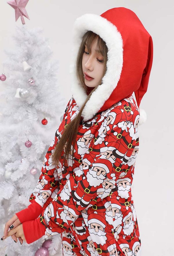 Women Adult Christmas Santa Claus Pattern Onesie Pajamas Kigurumi Long Sleeves Hooded Loungewear Costume