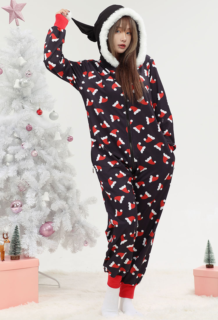 Mujer Adulto Sombrero de Navidad Patrón Onesie Pijama de manga larga con capucha Loungewear Disfraz