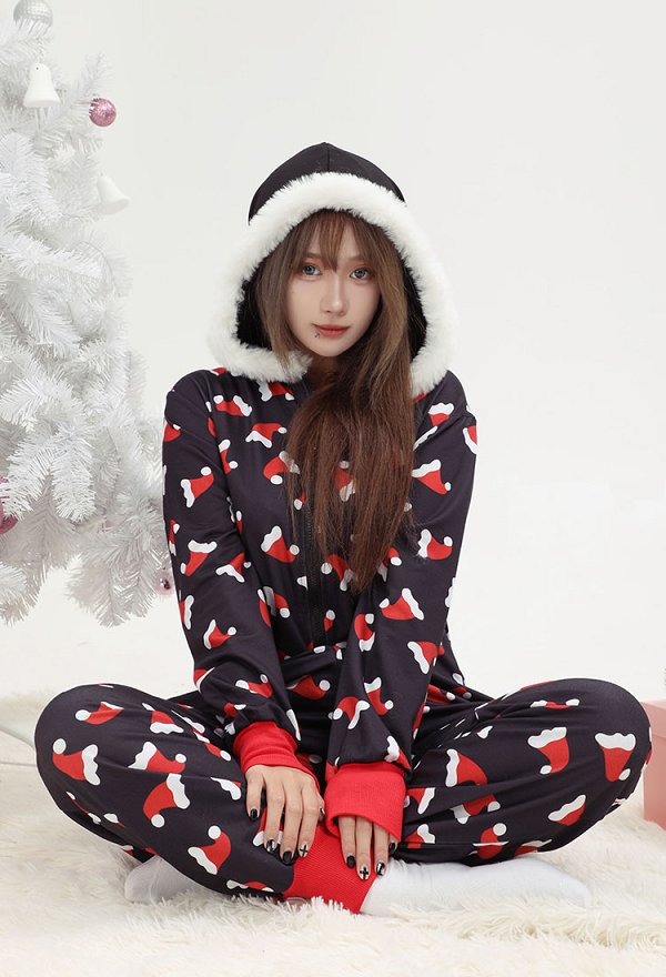 Women Adult Christmas Hat Pattern Onesie Pajama Long Sleeve Hooded Loungewear Costume