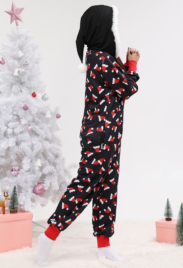 Women Adult Christmas Hat Pattern Onesie Pajama Long Sleeve Hooded Loungewear Costume